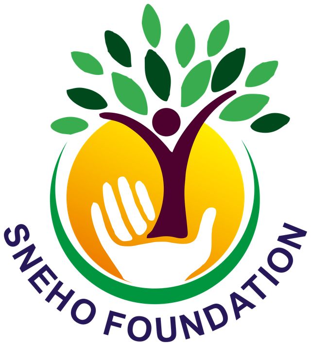 SNEHO Foundation logo: a joyful figure rising like a tree from caring hands, before a rising sun